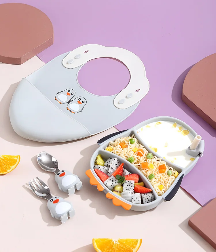 Assiette de dîner pour aliments complémentaires pour bébé, ventouse  tout-en-un en silicone pour couverts