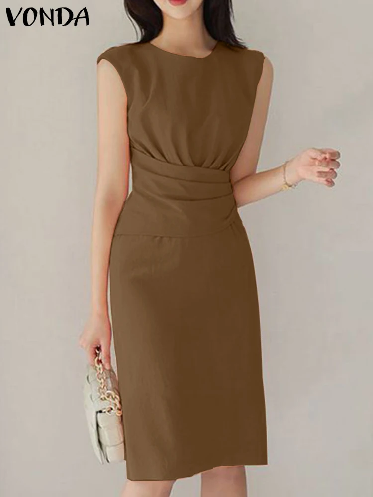 

VONDA Elegant Office Dress Women 2023 Sleeveless Solid Color Long Shirt Sundress Fashion Pleated Casual Party Vestidos Robe