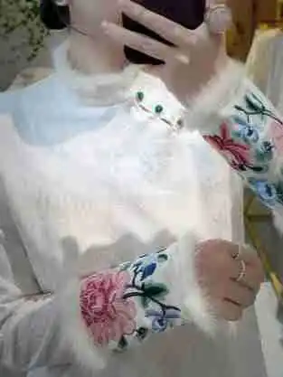 High Quality Autumn Winter Top New Chinese Style Top Women's O-Neck Embroidery Flowers Slim Soft And Comfortable Shirt S-XXL
