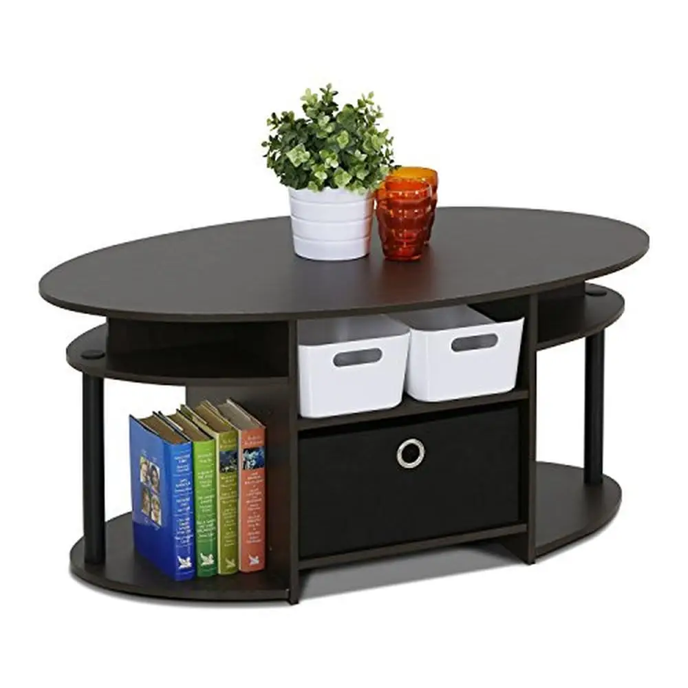side end table lift top coffee table Oval Coffee Table with Built-in Shelves and Bin Simple Design E1 Grade Composite Wood Fits Any Room and Budget Walnut Color Easy