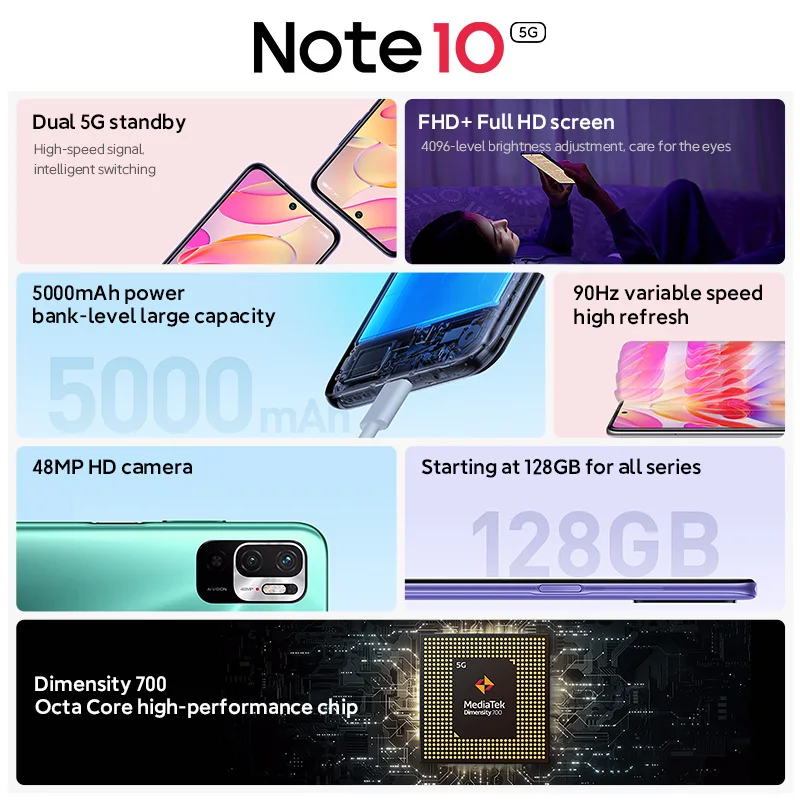 Xiaomi Redmi Note 10 Global ROM 5G Smartphone 128GB/256GB 7nm Dimensity 700 6.5 Inch Display 48MP Camera 5000mAh Mobile Phones
