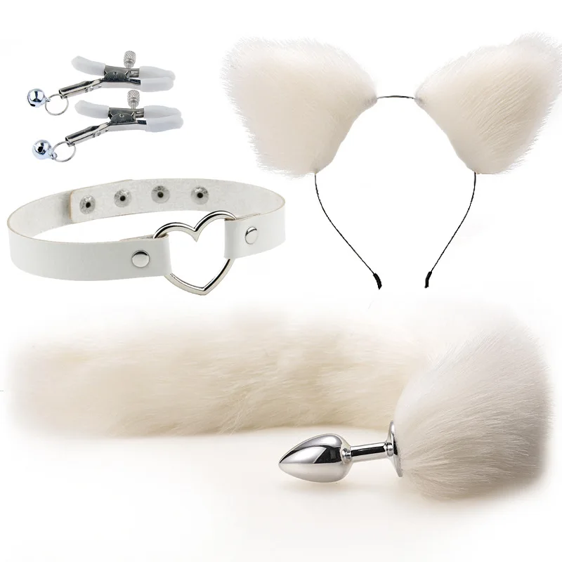 Adult Game Cute Fox Tail Anal Plug Cat Ears Headbands Set Nipple Clip Neck Collar Erotic Cosplay