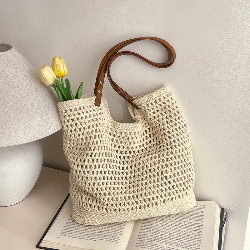 Woman Knitted Handbag Summer Hollow Beach Bag Large Capacity Fashion Knitted Bag Travel Holiday One-shoulder Hollow Shopping Bag 4