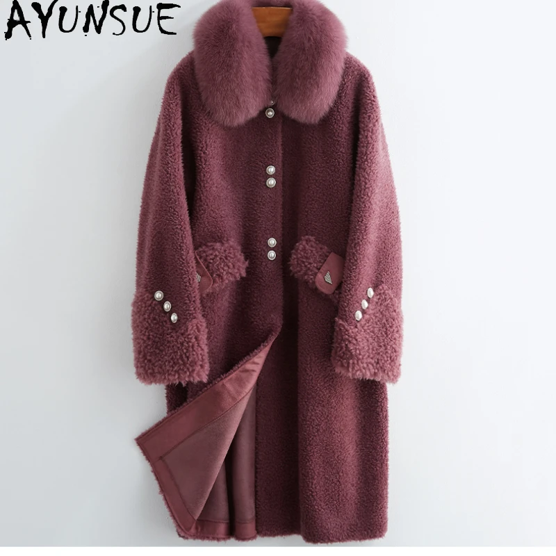 

AYUNSUE 100% Wool Coats for Women 2023 Autumn Winter Mid-length Sheep Shearing Jacket Fox Fur Collar Warm Fur Coat Chaquetas