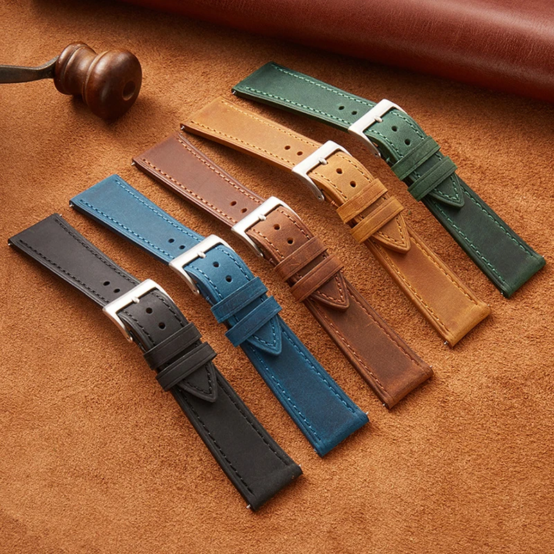 

Crazy Horse Leather Watchband 18mm 19mm 20mm 21mm 22mm Vintage Wrist Straps Top Layer Cowhide Quick Release Watch Band