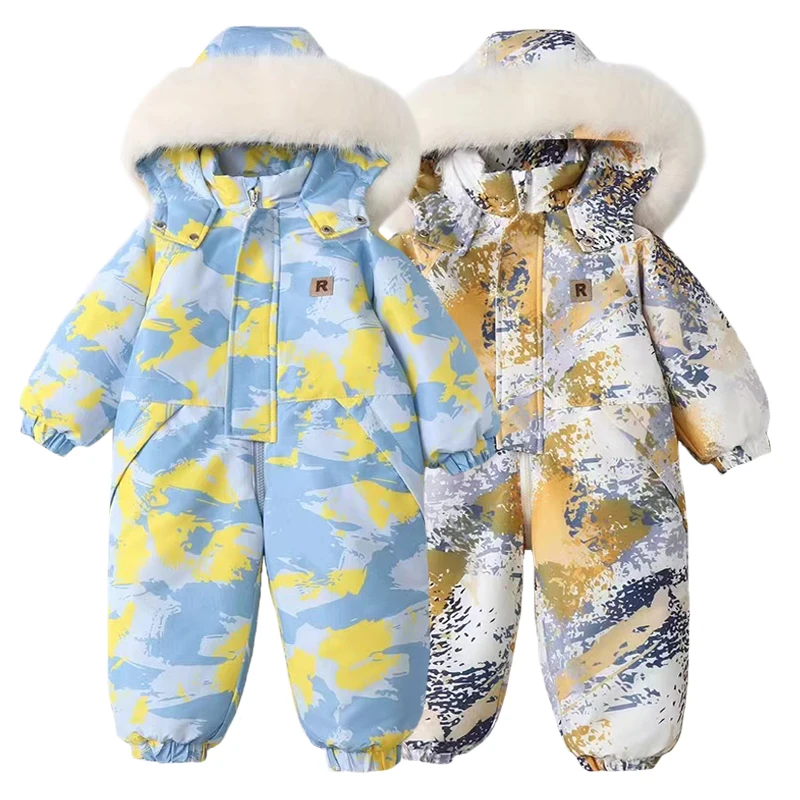 Baby Winter Ski Suit Thicken Baby Jumpsuit Warm Children Clothing Set Waterproof Hooded Boys Overalls Girls Snowsuit