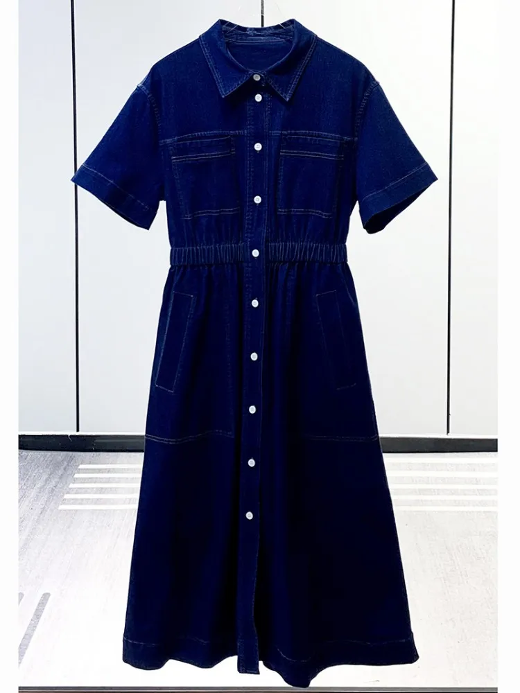 

New Shirt Dress Ladies Temperament Classic Color Denim Robe Turn-down Collar Single-breastted Women Midi Dress 2023 Summer