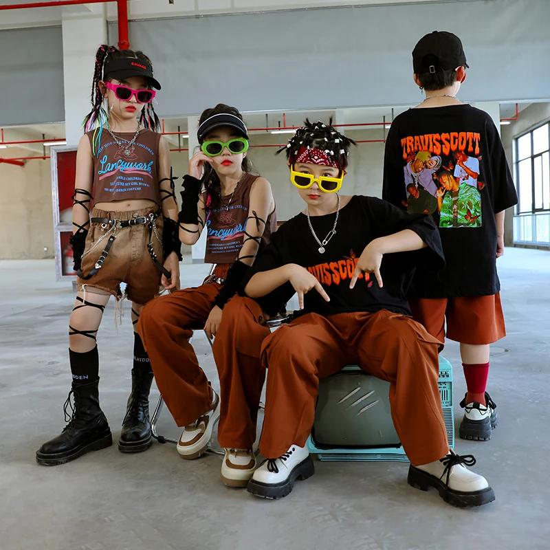

Kids Kpop Clothing Teenage Streetwear Girl Crop Top Boy T Shirt Baggy Hip Hop Pants for Teenage Jazz Dance Stage Costume Clothes