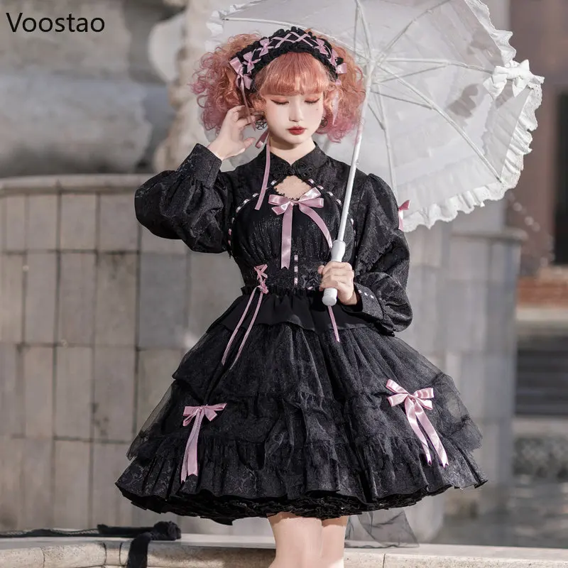Victorian Vintage Gothic Lolita OP Dress Women Sweet Bow