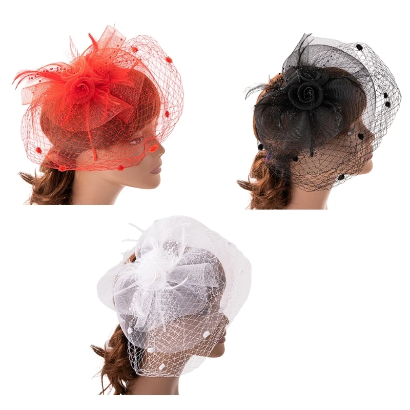 

Elegant Wedding Fascinators Hat with Flower Feather Pillbox Hat for Makeup Party for Wedding Party / Funeral Dropship