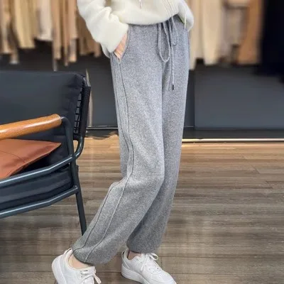 High Waist Knitted Woolen Trousers Women's Casual Elastic Waist Dstring Straight Leg Thiened Versatile Slimming Base Layer