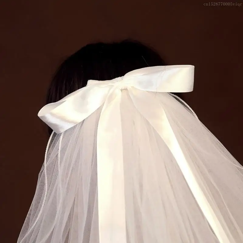 2 Layers Wedding Bridal Veil with Comb Ribbon Bow Embellished Wavy F0S4
