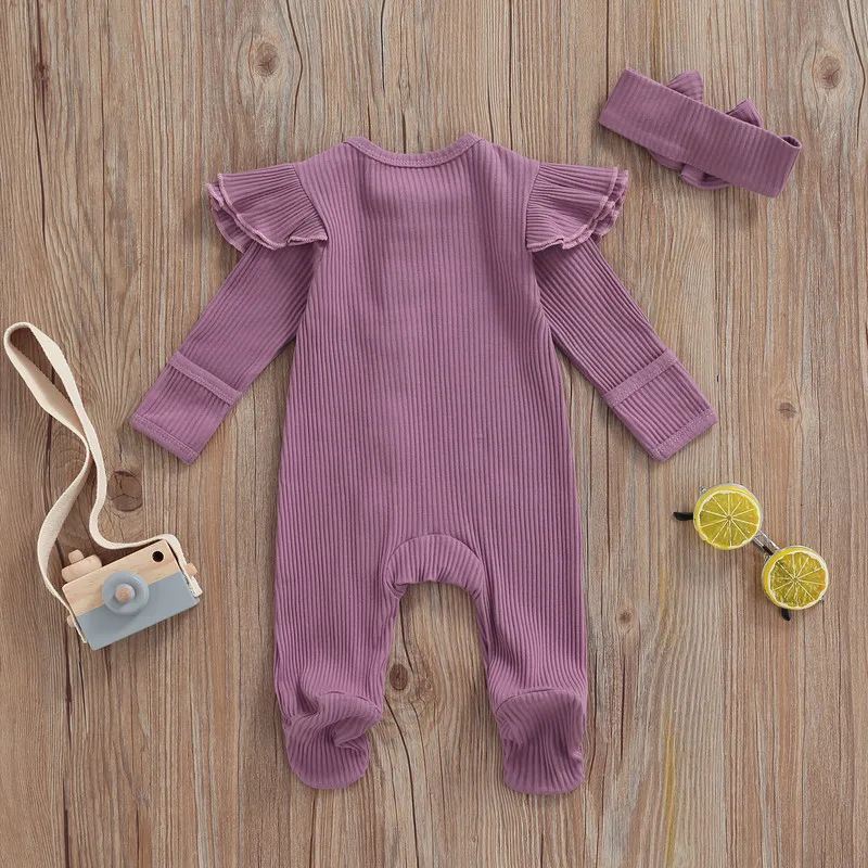 2Pcs Unisex Baby Fall Set Solid Color Ribbed Long Sleeves Zip-Up Footed Romper + Hairband for Girls Boys 0-6 Months