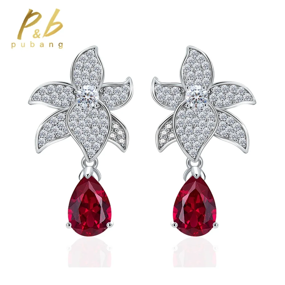 

PuBang Fine Jewelry Solid 925 Sterling Silver Pear 7*10MM Ruby Created Moissanite Sparkling Drop Earrings for Women Wedding Gift