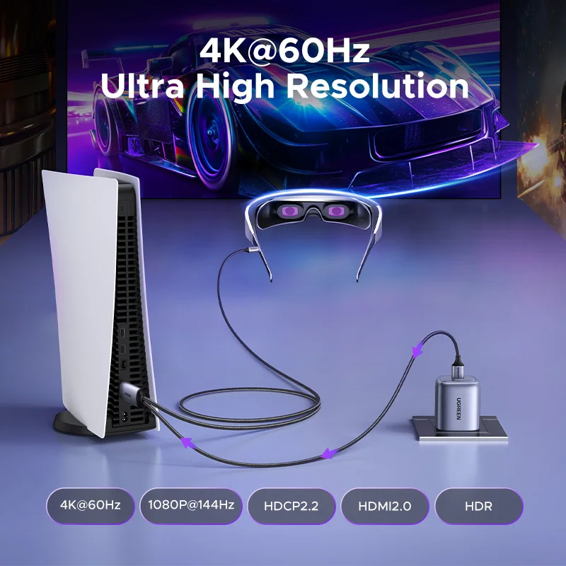 UGREEN HDMI to USB C Cable Adapter Audio Video Display 4K 60Hz HDR HDCP2.2 Dolby with USB Power Supply For PS4/5 Switch Xbox PC