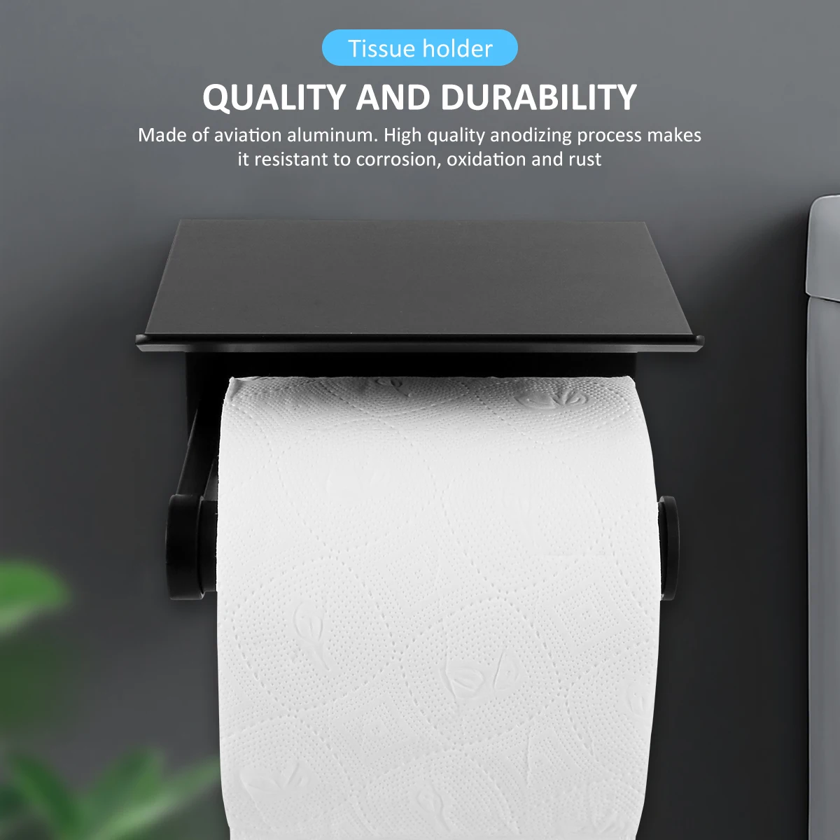 Wall Mounted Toilet Roll Holder Self-Adhesive Rustproof Tissue Holder with Phone Shelf and 2 Towel Hooks for Bathroom Kitchen