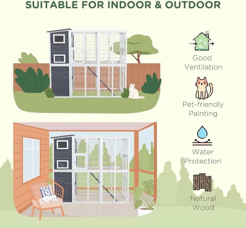 Outdoor Catio Cat House Wooden Feral Cat Shelter Cage with Platforms Waterproof Asphalt Roof Ramps 77" L Light Gray