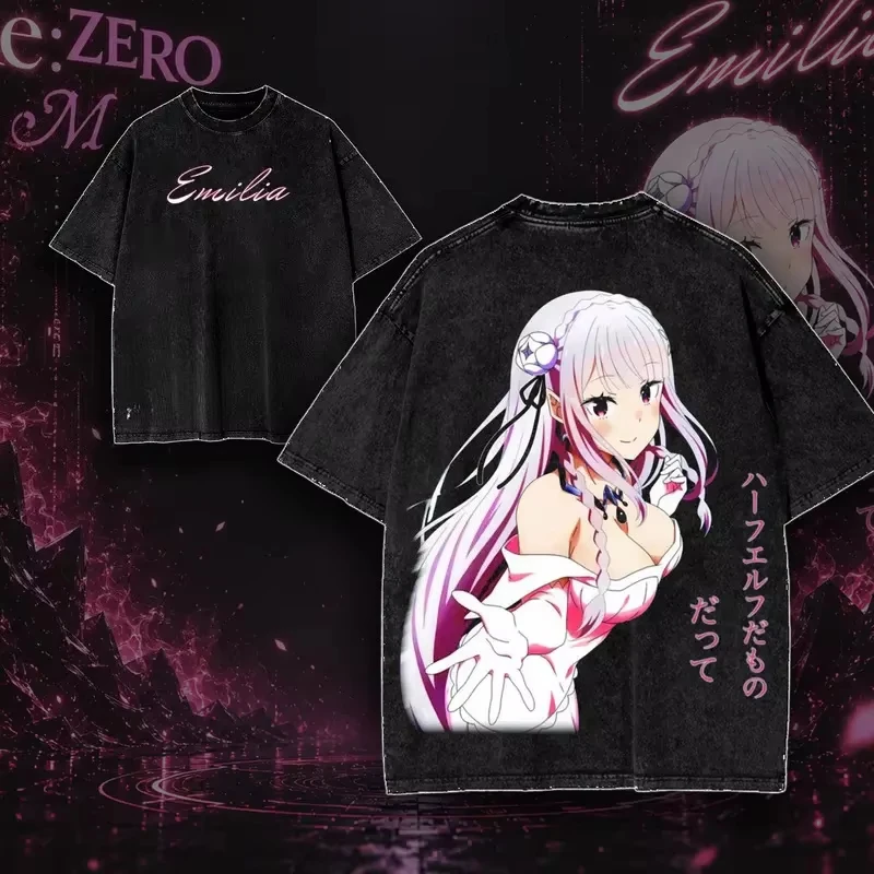 Bestseller Anime Re:ZERO Starting Life in Another World Emilia Grafik-Print T-Shirt Retro Gewaschene Baumwolle Herren Damen Sommer Neues T-Shirt