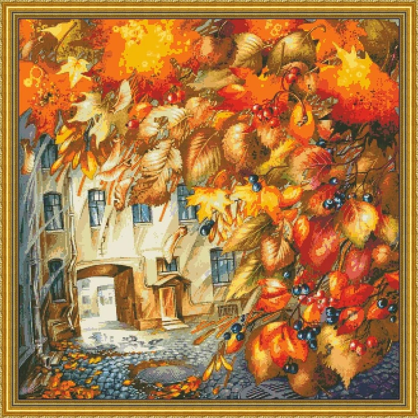 

DIY Embroidery Set, Cross Stitch Kit, Canvas, DMC Threads, Lining and Blackberry, 54-autumn courtyard 64-64
