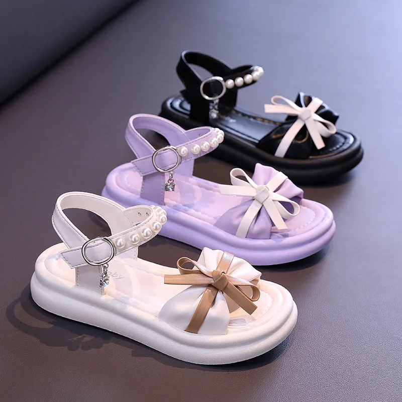 

Girls' Simple Solid Color Open Toe Sandals 2024 Summer New Children's Cute Sweet Bow Pearl Princess Sandals for School Students