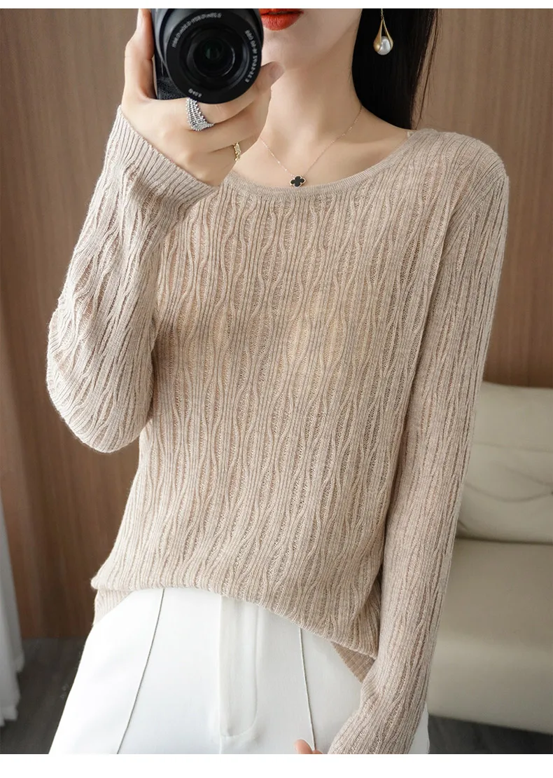 Autumn New Ladies Soft Breathable Sweater Wool Blend O-Neck Pullover Curved Hollow Out Knitted Sweater Slim-Fit Commuter Tops