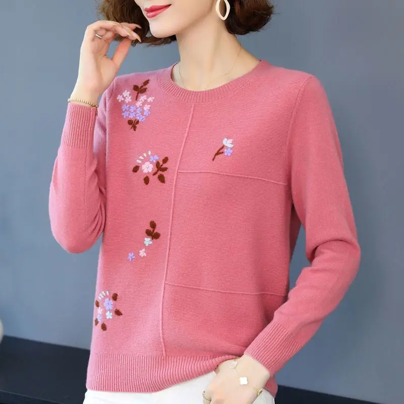 2023 New Spring and Autumn Fashion Commuting Simple Round Neck Embroidered Thread Casual Loose and Comfortable Women\'s Knitwear