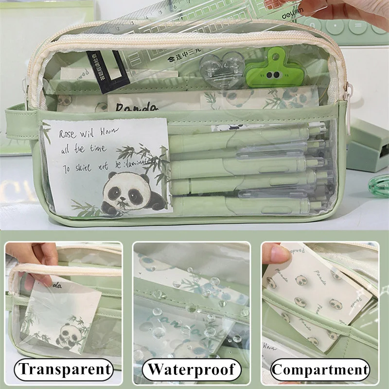 Mnsruu Astuccio per matite a 3 anelli, 2 pezzi, con cerniera, con finestra trasparente con cerniera, astuccio per matite per scuola e ufficio, Multicolore, Taglia unica, Organizer per borse