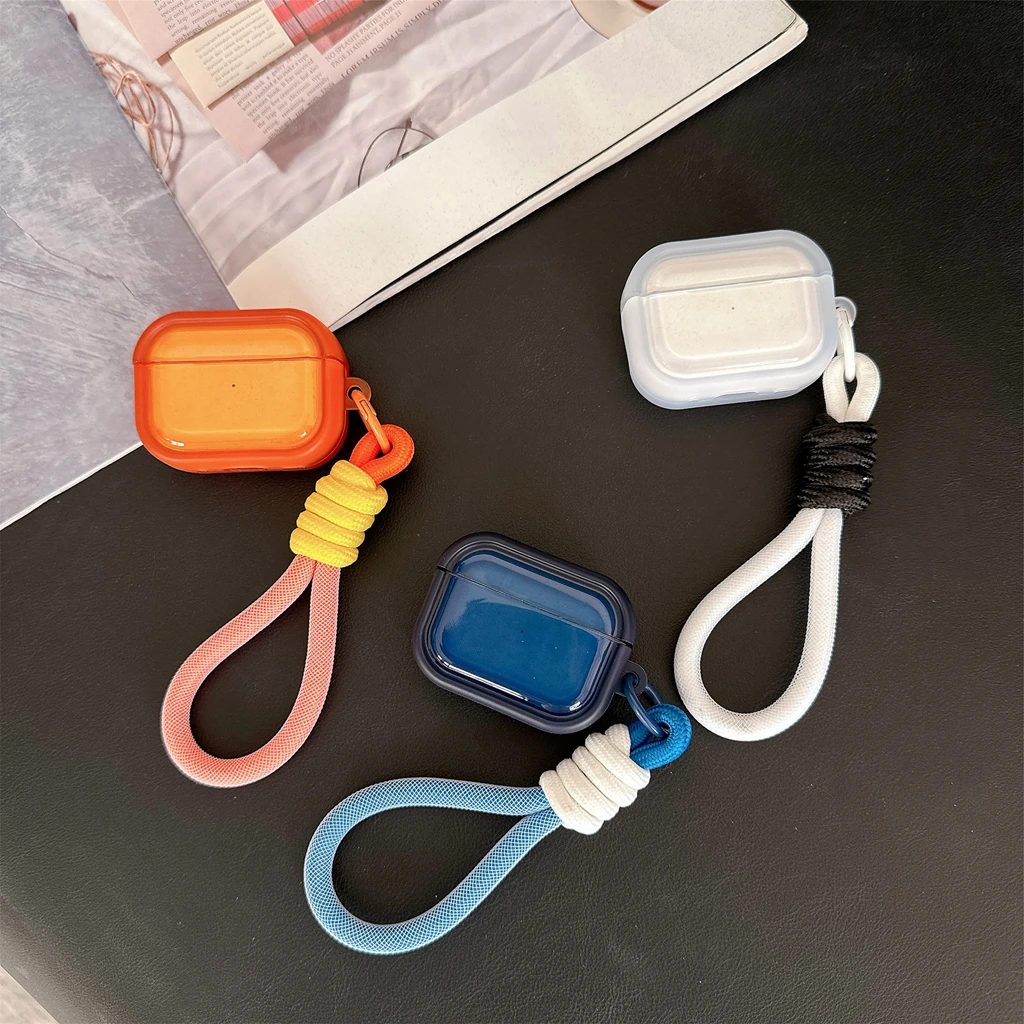 Minimalist Semi-Transparent Earphone Cover Case with Woven Lanyard and Pendant