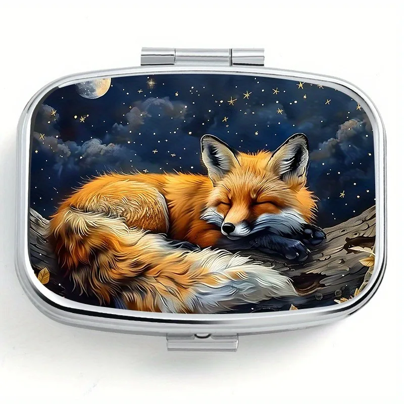 Charming Fox Pattern Medicine Box Compact 2-Grid Moisture-proof Sealed Storage Box Portable Metal Medicine and Vitamin Box