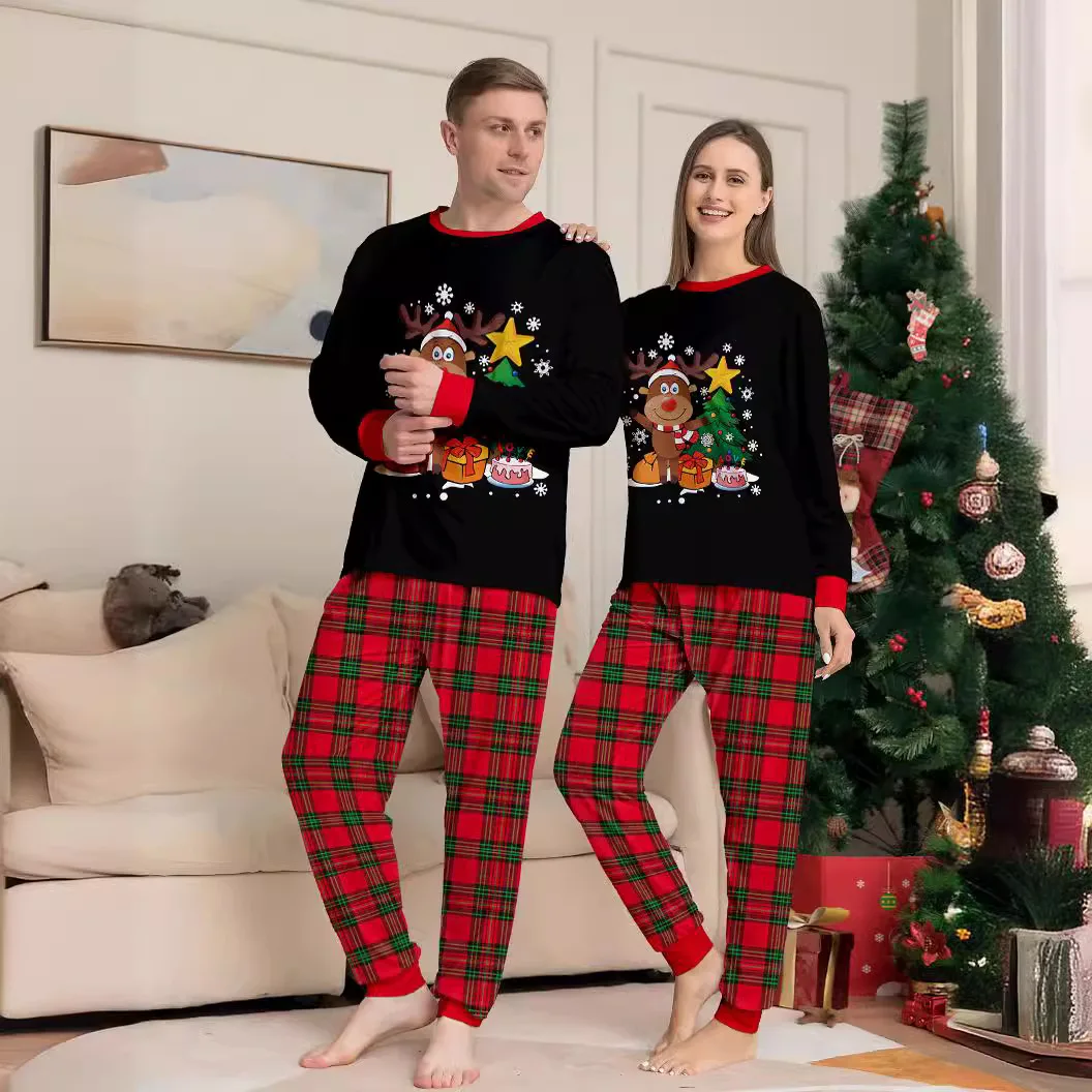 Autumn and winter cartoon elk letter Christmas tree printing family Christmas set For a family of four pajamas pants 2 pieces matching outfit matching pajamas matching sleepwear