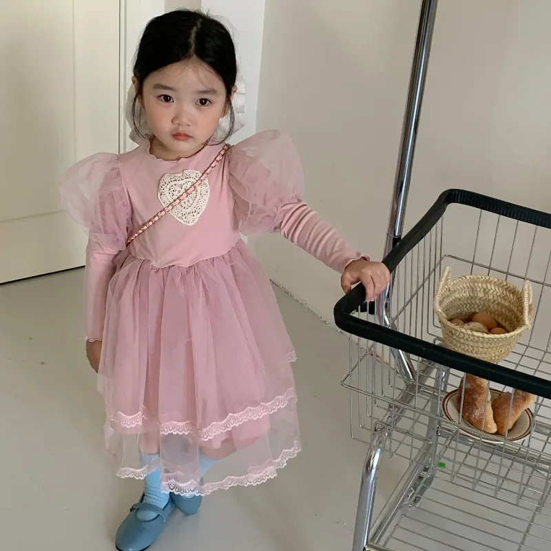 

Модная одежда для девочек, детские милые длинные платья с пышными рукавами, розовая сетчатая кружевная юбка-пачка, платье принцессы, детская одежда