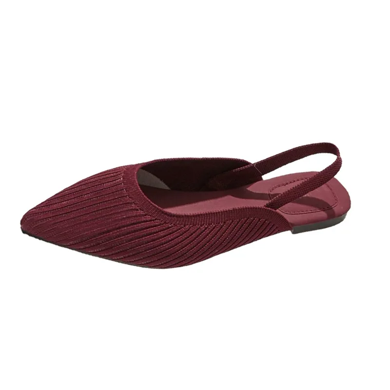 Breathable Woven Fabric Sandals Woman Slingback Rear Strap Shoes Ladies Burgundy Flats Slippers 3D Stretch Polyester Loafer