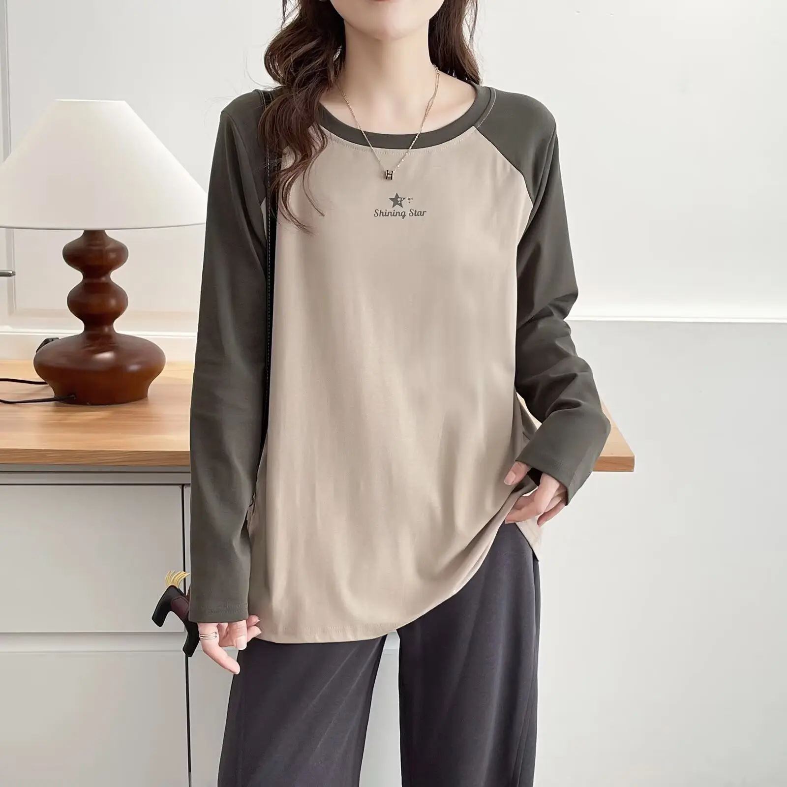 Fashion Plus Size Women's T-Shirt Autumn New Style Basic Casual Color Blocking Printed Long Sleeve Tops 2555