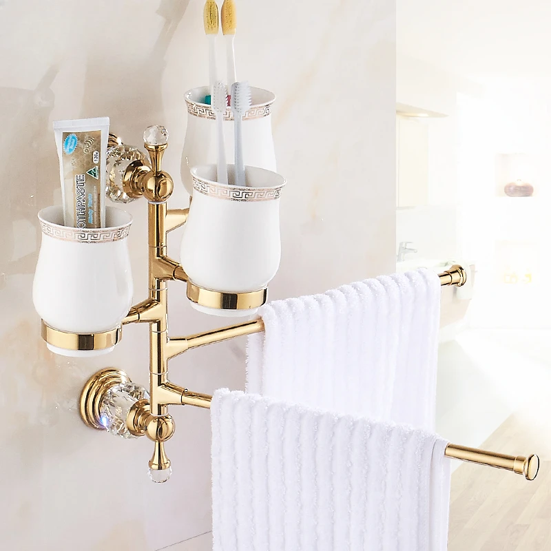 

Golden Creative Toothbrush Holder Towel Rack Set Wall-Mounted Mouthwash Cup Shelf Toilet Organizer Bathroom Bathcloth Rod