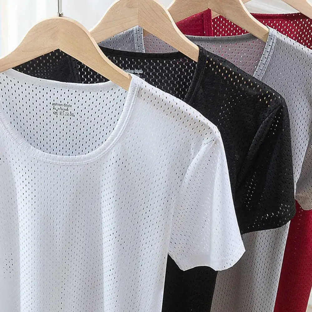 1PC Men's Mesh Tank Tops Ice Silk Quick Dry Outdoor Sports Base Shirt Male T-shirt Fitness Vest Summer Sport Running Gym T-shirt
