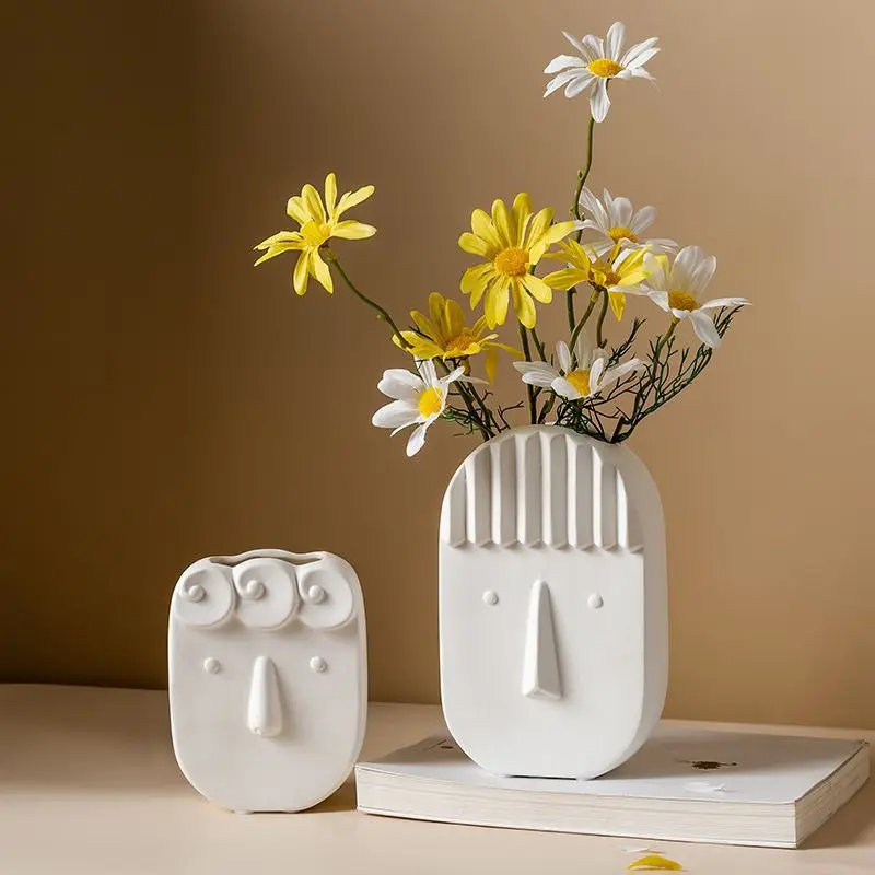 

White Ceramic Decoration with Dry Flower Vases Porch Desk Top Study Cute Facial Decorations Living Room Flower Arrangement