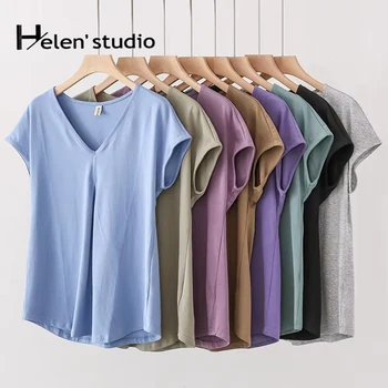 Women’s Cotton V-neck T-Shirts Loose Casual Summer Yellow Plus Size Tees 1