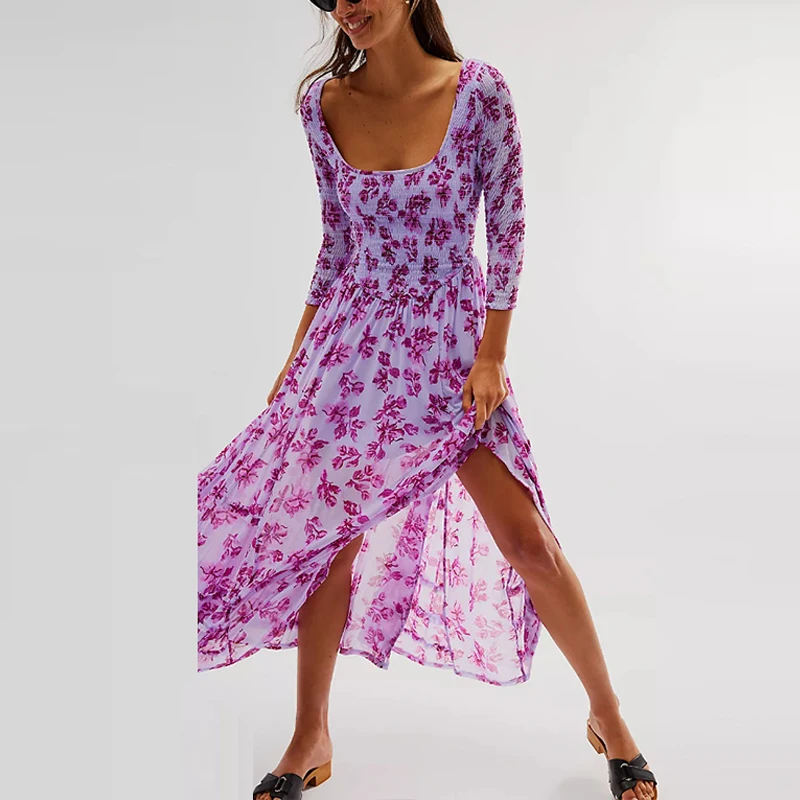 

Women Square Collar Pleated Dress Autumn Pattern Print Slim Long Dress Fashion Long Sleeve French Style Holiday Bohemian Dresses