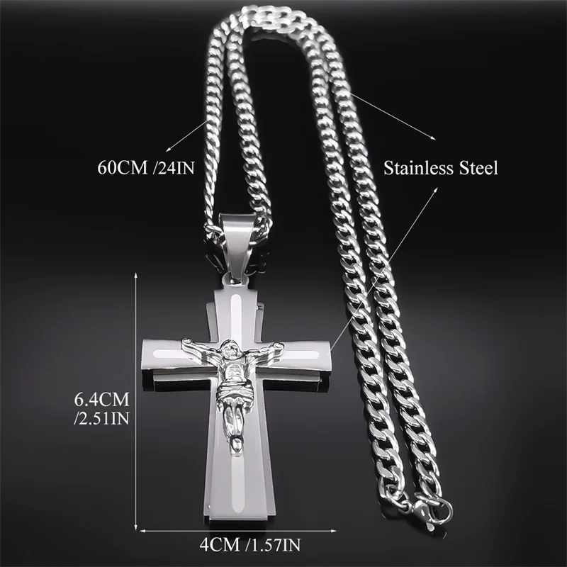 Collana Con Croce Gesù In Acciaio Inox – Ciondolo Religioso Inciso Per Uomo E Donna – Catena 45+5 Cm, Argento