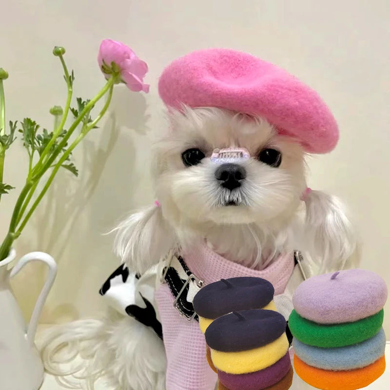

INS Pets Dog Hat Accessories Pets Grooming Dress Up Cap Cute Beret Mini Decorative Cat Headwear Puppy Painter Wool Hat