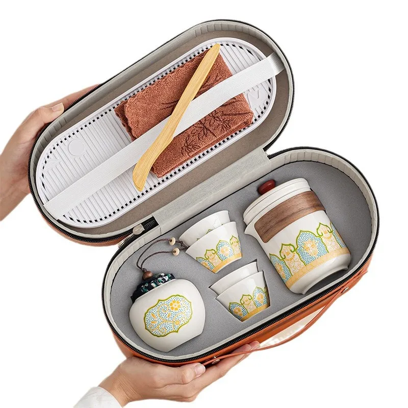 matcha matchaTravel Tea Set Portable Kung Fu Tea Set Ceramic Teapot Canister Cup Outdoor Quick Cup Canister Leather
