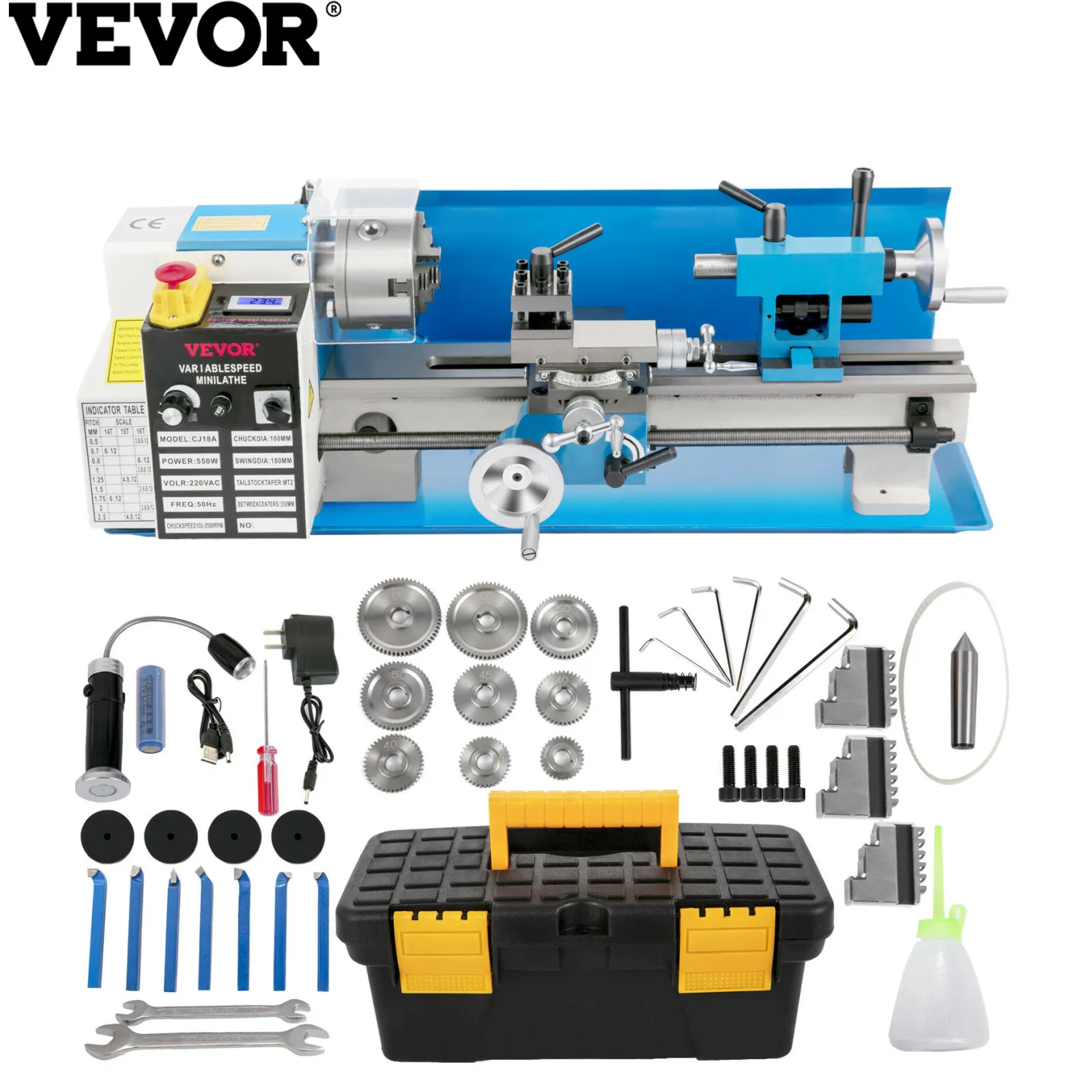 VEVOR 7"X14inch Mini Metal Lathe Drilling Machine Variable Speed Metal Gear 550W Metal Lalthe