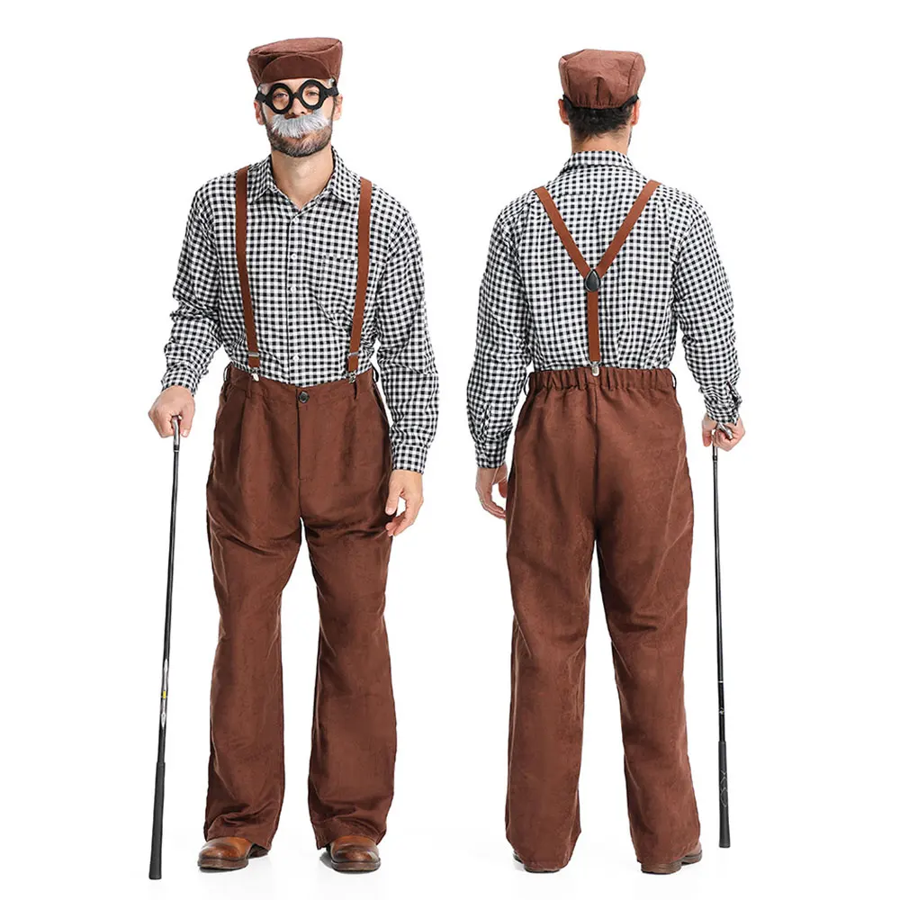 Umorden Adult Men's Grandpa Old Man Costume Simple Set Trousers With Suspenders Red Black Plaid Shirt Hat Mustache Glasses