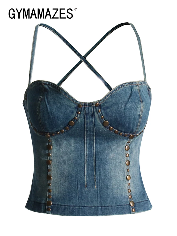 

GYMAMAZES Spliced Rivet Sexy Vests For Women Square Collar Sleeveless Backless Slimming Denim Waistcoats Female Fashion Clothing