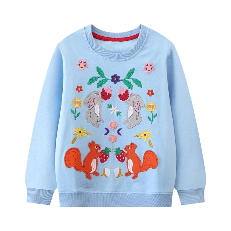 

2024 Baby Girls Sweatshirt Autumn Lovely Blue Tops with Rabbit and Squirrel Soft and Comfort Clothes for Kids 2-7 Year