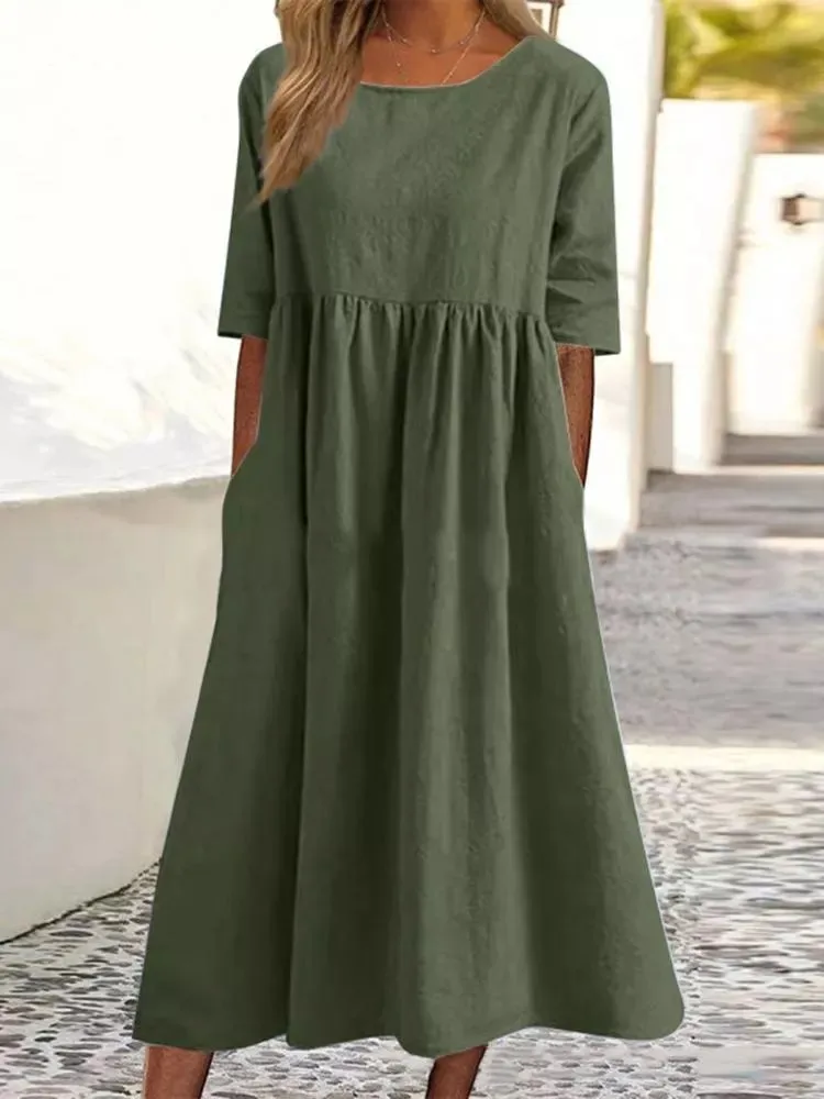 Oversized Cotton Linen Long Dress for Women Summer Casual Short Sleeve Blouse Skirt Beach Female Clothing S-5XL