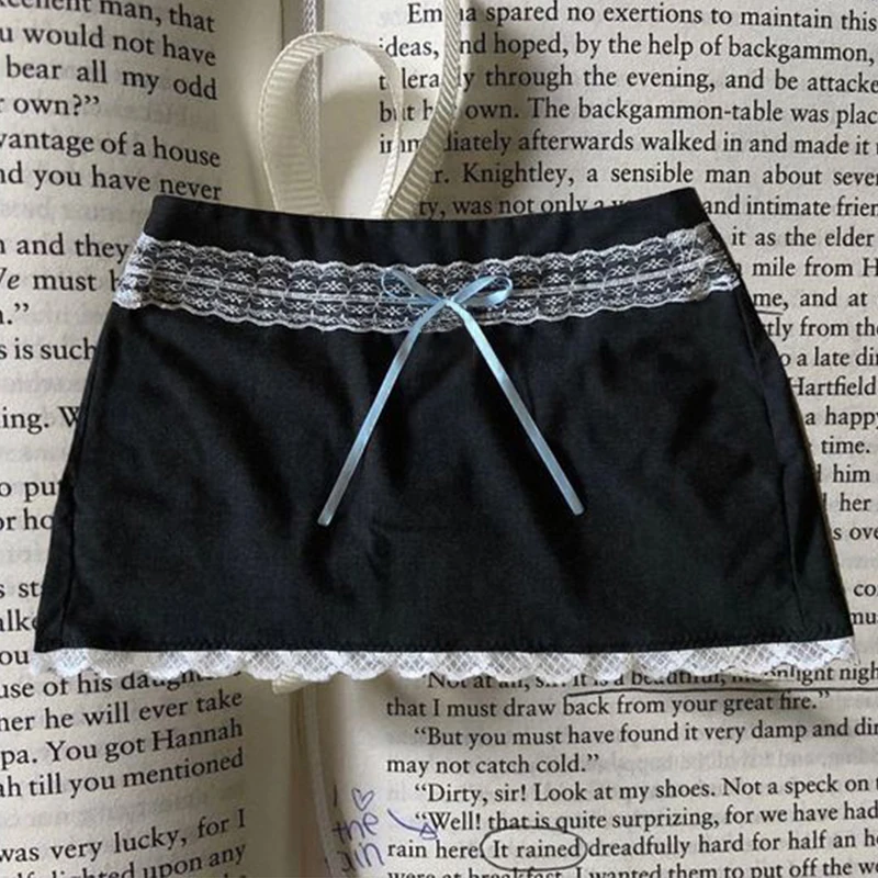 

Gothic lace edge bow decorated black skirt sexy slim casual women's skirt Y2K Harajuku retro grunge punk rock Fashion streetwear