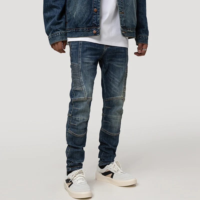 Streetwear Fashion Men Jeans Retro Dark Blue Elastic Slim Fit Ripped Biker Jeans Men Spliced Designer Hip Hop Denim Pants Hombre