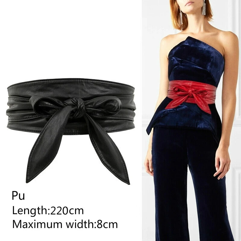 

Bowknot Cummerbund Ladies Dress Decorative Ribbon Tie Bow Belt Longer Wide Waistbands Pure Color PU Leather Waist Belt Long