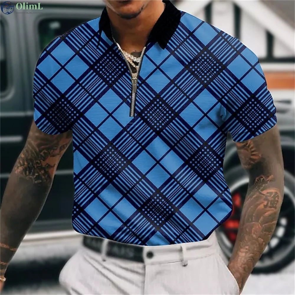 Summer Fashion Patchwork Men Polo Shirts Casual Turn-down Collar Zipper Design Short Sleeve Tops Harajuku Mens' Streetwear main image 0